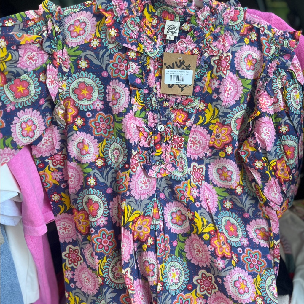 Ivy Jane Floral Ruffle Neck Blouse - Pink & Navy